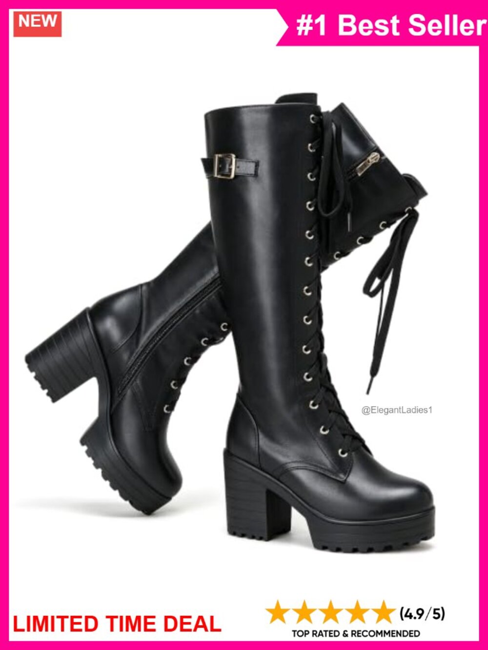 Faux Leather Knee High Platform Boots Lace Up Chunky Block Heel Gothic